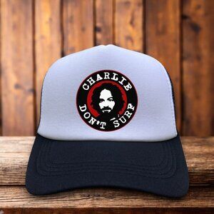 Charlie Don't Surf Mens Trucker Hat Black Charles Manson 60s Cult True Crime Cap